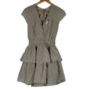 NWT American Eagle Dress Womens XS Tan Stripe Cotton Linen Tiered Cottagecore